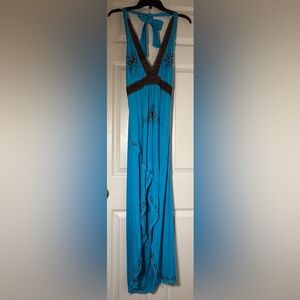 Vibrant Teal Rayon Halter Dress with brown flower embroidery